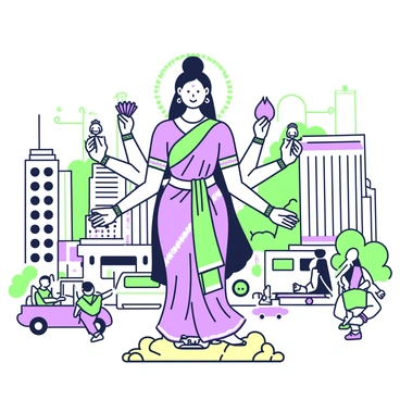 A depiction of "Goddess Lakshmi" standing gracefully in the center of a modern urban setting. She is wearing a flowing traditional outfit adorned with intricate patterns. The goddess has four arms, each holding various symbols of prosperity, like a lotus flower and a pot of gold. Surrounding her is a busy cityscape filled with tall buildings, bustling streets, and vehicles. In the background, people are seen going about their daily routines. The scene captures the contrast between the divine presence of the goddess and the fast-paced modern life around her.