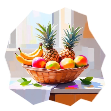 A vibrant fruit basket overflowing with exotic fruits sits on a kitchen counter. The basket prominently features ripe pineapples with their spiky tops, several yellow bananas arranged neatly beside them, and plump mangoes with their reddish and yellow hues. The kitchen counter is made of polished wood, enhancing the colors of the fruits. Sunlight streams in through a nearby window, casting gentle shadows and illuminating the freshness of the fruits. A few green leaves are placed around the basket, adding a touch of nature to the scene.