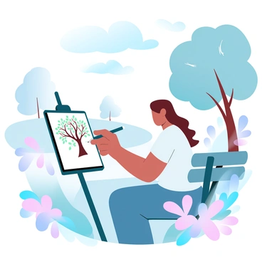 An artist is seated on a bench in a London park, holding a pencil poised over a sketchbook. The sketchbook displays an intricate drawing of a tree with sprawling branches and vibrant green leaves. Surrounding the artist are blossoming flowers in various colors, creating a lively atmosphere. In the background, large, leafy trees tower over the scene, while a winding path leads deeper into the park. The sky above is filled with soft, gradient pastel colors, adding a serene backdrop to the artist's creative process.