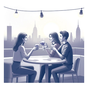 A group of three friends is gathered at a rooftop bar. They are holding glasses filled with drinks, raising them in a toast. The friends are smiling and engaged, creating a lively atmosphere. In the background, a sprawling city skyline stretches across the horizon. Tall buildings dominate the scene, their outlines stark against the evening sky. The sun is setting, casting long shadows and creating a warm ambiance around the group. The rooftop bar features modern furniture with sleek lines, and there are ambient light fixtures hanging above, adding to the inviting feel.