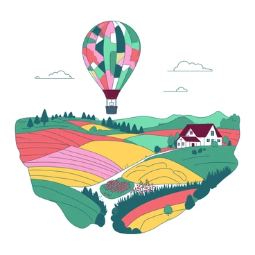 A whimsical hot air balloon with a colorful design is drifting gracefully over a patchwork countryside. The balloon features a pattern of various shapes in two distinct colors. Below, the countryside is a vibrant quilt of fields in multiple hues, with rolling hills and neat rows of crops. Small clusters of trees dot the landscape, and a winding dirt path snakes through the fields. In the distance, a quaint farmhouse with a red roof is visible, surrounded by a garden bursting with flowers in bloom. A few fluffy clouds float in the sky, adding to the serene atmosphere of the scene.