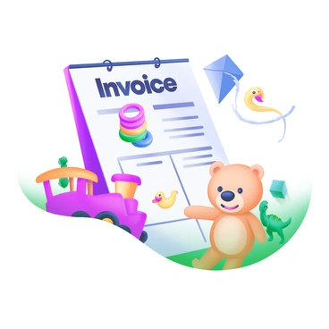 An invoice with the words "Invoice" prominently displayed at the top in bold, black letters. Surrounding the invoice are playful illustrations of children's toys. There is a bright red toy train with yellow wheels, a colorful stack of rings in multiple shades, and a plush teddy bear with a cheerful expression. Additionally, there is a blue kite with a long tail, a green dinosaur figurine, and a yellow rubber duck. These illustrations are arranged around the invoice, creating a lively and cheerful atmosphere.