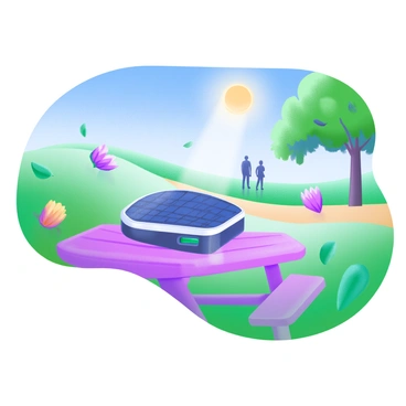 A solar-powered gadget charging under the sunlight in a green park