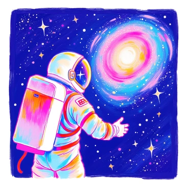 An astronaut in a sleek white spacesuit is floating in the vastness of space. The helmet has a reflective visor that shows hints of starlight. The astronaut is gazing in awe at a nearby spiral galaxy, which features vivid blue and purple swirling arms filled with bright stars. The background is filled with distant stars, twinkling in vast darkness. The astronaut’s gloved hands are slightly raised as if reaching out towards the galaxy, capturing a moment of wonder and exploration.