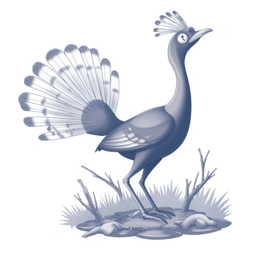 A male lyrebird stands on the forest floor, its body poised gracefully as it engages in an elaborate courtship display. The tail feathers are fully fanned out, showcasing intricate patterns and shapes that extend outward. The bird's plumage exhibits fine details, displaying the unique lyre shape in profile. Its head is held high, and its beak is slightly open, capturing attention as it emits calls. Surrounding the bird are fallen leaves and twigs, providing a natural woodland setting. The background hints at lush vegetation, creating a vibrant habitat.