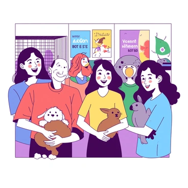 A group of volunteers wearing colorful shirts is gathered inside an animal shelter. There are four volunteers, each holding different animals: a small brown puppy, a fluffy white kitten, a cheerful orange rabbit, and a playful grey parrot. The volunteers have joyful expressions on their faces, showcasing happiness and enthusiasm as they interact with the animals. The background features cages with more animals waiting for adoption, and there are vibrant posters on the walls promoting pet care and adoption events. The lighting is bright, emphasizing the positive atmosphere of the shelter.