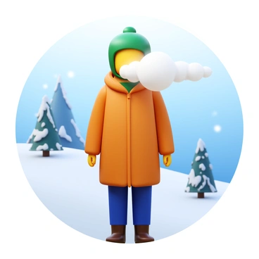 A person wearing a warm winter coat standing outdoors in cold weather. The person is exhaling, and a visible cloud of vapor is forming in front of their face. The background shows a snowy landscape with frost-covered trees. The person's breath is thick and wispy, creating a distinct contrast against the crisp, clear air.