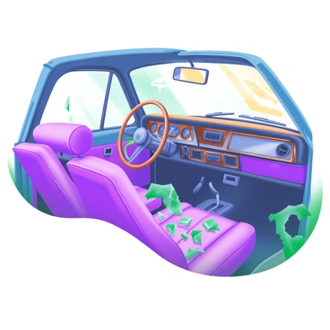 A close-up view of an "abandoned car interior" revealing "broken glass" scattered across the cracked leather seats. The dashboard is adorned with "rusted metal" components, showcasing signs of decay and neglect. Sunlight filters through the shattered windows, illuminating the dust particles in the air. The steering wheel is partially missing, and the rearview mirror hangs askew, reflecting the remnants of a faded life inside.