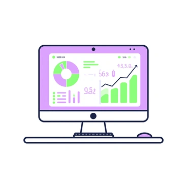 A sleek computer screen is positioned on a polished desk. The screen displays a modern interface of accounting software. Various interactive graphs are visible, showcasing financial data trends and statistics. On the left side of the screen, there is a colorful pie chart representing different financial categories, while on the right side, a line graph shows the growth over time with a clear upward trajectory. Below the graphs, numerical data is presented in a clean format, including figures and percentages. A wireless keyboard and mouse are placed in front of the screen, completing the setup.