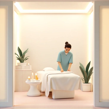 A luxurious spa room with warm, soft lighting illuminating the space. The walls are adorned with calming, neutral tones, and the floor has elegant wooden planks. In the center of the room, a massage table is set up with fresh, white linens neatly arranged. A massage therapist, wearing a light blue uniform, is preparing the table by smoothing out the sheets and placing soothing oils nearby. There are candles flickering gently on a side table, adding to the serene ambiance. Potted plants are placed in the corners, enhancing the tranquil atmosphere of the spa room.