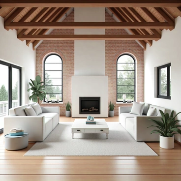 A spacious modern living area inside an old converted barn. The interior features exposed wooden beams and weathered brick walls, showcasing the barn's rustic charm. Large windows allow plenty of natural light to flood the space, illuminating contemporary furniture arranged around a sleek, minimalist coffee table. A cozy sofa with soft cushions is positioned facing a vintage-style fireplace. Potted plants are strategically placed throughout the room, adding a touch of greenery to the modern decor. A stylish rug covers the wooden floor, complementing the overall aesthetic of the living space.