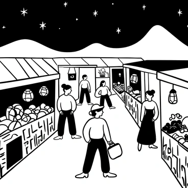 A bustling market scene at midnight, with various stalls adorned with intricate patterns and filled with an assortment of goods. Lanterns hang from the stalls, casting soft light across the vibrant arrangements of fruits, vegetables, and handmade crafts. Shoppers wander through the market, some carrying bags filled with purchases, while others engage in animated discussions. The sky above is filled with twinkling stars, adding a dreamy quality to the atmosphere. In the background, a silhouette of distant hills is visible, providing depth to the scene.