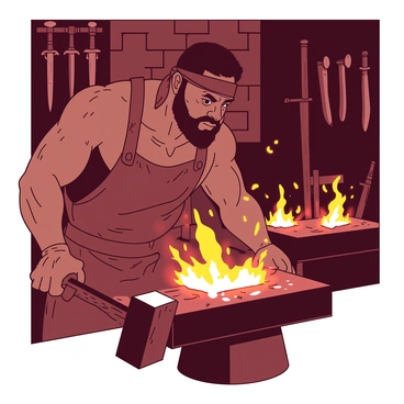 A dark-skinned blacksmith with a muscular build is focused on forging a "legendary sword" in a fiery forge. The blacksmith is wearing a leather apron and has a bandana tied around his forehead, with beads of sweat visible on his brow. Sparks are flying as he strikes the glowing metal on an anvil with a sturdy hammer. The forge around him is illuminated by the bright orange flames and glowing embers, creating a dramatic atmosphere. In the background, there are tools and weapons hanging on the walls, reflecting the blacksmith's craftsmanship and dedication. The scene captures the intensity and skill of the blacksmith at work.