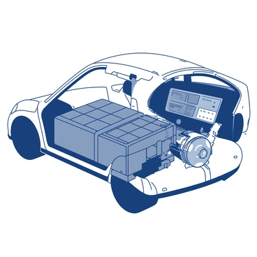 An electric car is depicted with its body cut away to reveal the internal structure. At the center, there is a large rectangular battery pack with numerous cells arranged in a grid pattern. The battery is shown in a deep gray color, and it is placed low in the vehicle for optimal weight distribution. Adjacent to the battery, there is a sleek electric motor represented in a shiny silver hue. The motor features various cables and components extending from it, showcasing the intricate network involved in power transmission. The car's frame is outlined in a contrasting color, highlighting the overall design and engineering of the electric vehicle. Various gauges and indicators related to battery performance are visible near the dashboard, adding to the technical detail of the image.
