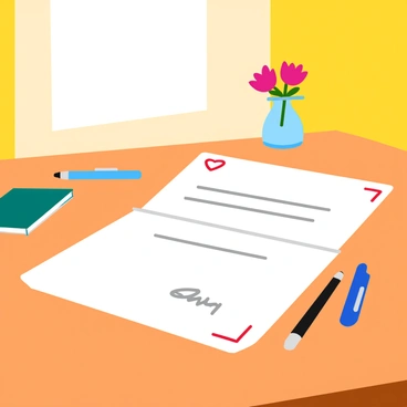 An open letter resting on a wooden table. The letter features elegant handwriting and is adorned with a heart line doodled around the edges. The table has a smooth surface and is placed in a cozy room filled with soft, warm light. The heart doodles are vibrant red, contrasting with the white paper of the letter. There are a few scattered pens nearby, and a small vase with fresh flowers sits in the background, enhancing the warm emotional atmosphere.