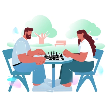 Two players are seated at a small outdoor chess table in a park, fully engaged in a tense chess match. One player, a man with short hair, is leaning forward slightly, analyzing the board intently, while the other player, a woman with braided hair, sits upright, her fingers poised above her pieces. The chessboard is set with an intricate arrangement of black and white pieces, and a lush green park with trees and benches surrounds them. There are a few scattered leaves on the table, and the lighting suggests a warm afternoon.