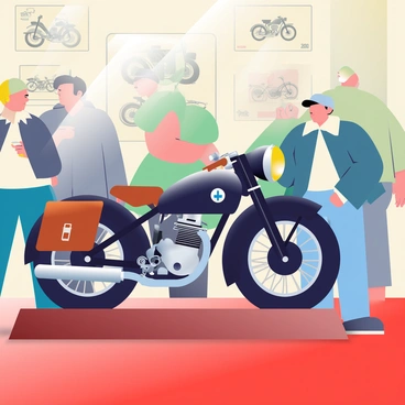 A classic BMW motorcycle from the 1920s is prominently displayed at a vintage bike show. The motorcycle features a shiny black body with chrome accents and vintage-style leather saddlebags on either side. Its round headlight is illuminated, casting a warm glow. The bike is parked on a polished wooden display platform. Surrounding the motorcycle, there are several spectators admiring the craftsmanship, with one man wearing a flat cap taking a close look at the engine. Vintage posters of motorcycles hang on the walls of the show, adding to the nostalgic ambiance. The floor is covered with a red carpet, enhancing the elegance of the display.