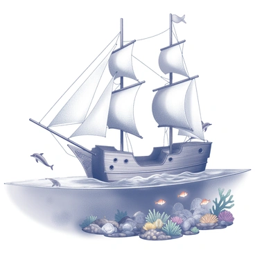 A wooden ship sailing on the ocean. The ship has billowing sails and intricate carvings on its hull. Surrounding the ship are several playful dolphins leaping out of the water, showcasing their graceful arcs. Beneath the surface, a variety of sea creatures can be seen, including fish with distinctive shapes and designs, as well as vibrant coral formations. The scene captures a dynamic interaction between the ship and the lively marine life.