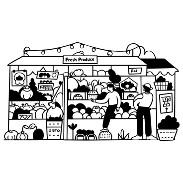 A bustling farmer's market scene with numerous stalls displaying an array of fruits and vegetables. Each stall is filled to the brim with various produce items, such as large pumpkins, bunches of carrots, and baskets of apples. Shoppers are seen selecting items, with one person holding a large cabbage. A few empty baskets are scattered on the ground, and there are wooden signs with the names of the produce items. The background features a few trees, and there are strings of lights hanging above the stalls. "Fresh Produce" is prominently displayed at the center of the market.