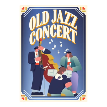An A3 poster design is displayed, featuring an old jazz concert theme. The background is a soft gradient of deep blues and purples to evoke a nighttime atmosphere. In the center, there is an illustration of a vintage jazz band, with a saxophonist in a black suit and a fedora hat, a double bass player with a warm brown bass, and a drummer positioned behind a classic drum set. Above the band, the words "Old Jazz Concert" are written in large, stylized font resembling 1920s typography, filled with gold and white colors. Music notes float around the band, adding to the lively ambiance. The edges of the poster have decorative art deco patterns in subtle colors that frame the central image.