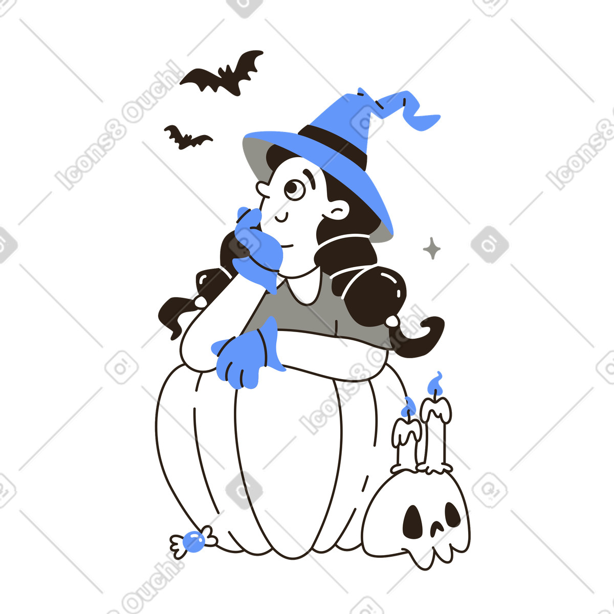 Bruja soñando despierta con calabaza y velas, temática de fiesta de halloween. illustration in PNG, SVG