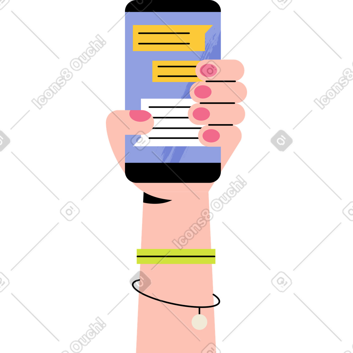 Female hand holding a mobile phone with correspondence animated illustration in Juicy style download in GIF, Lottie (JSON), AE