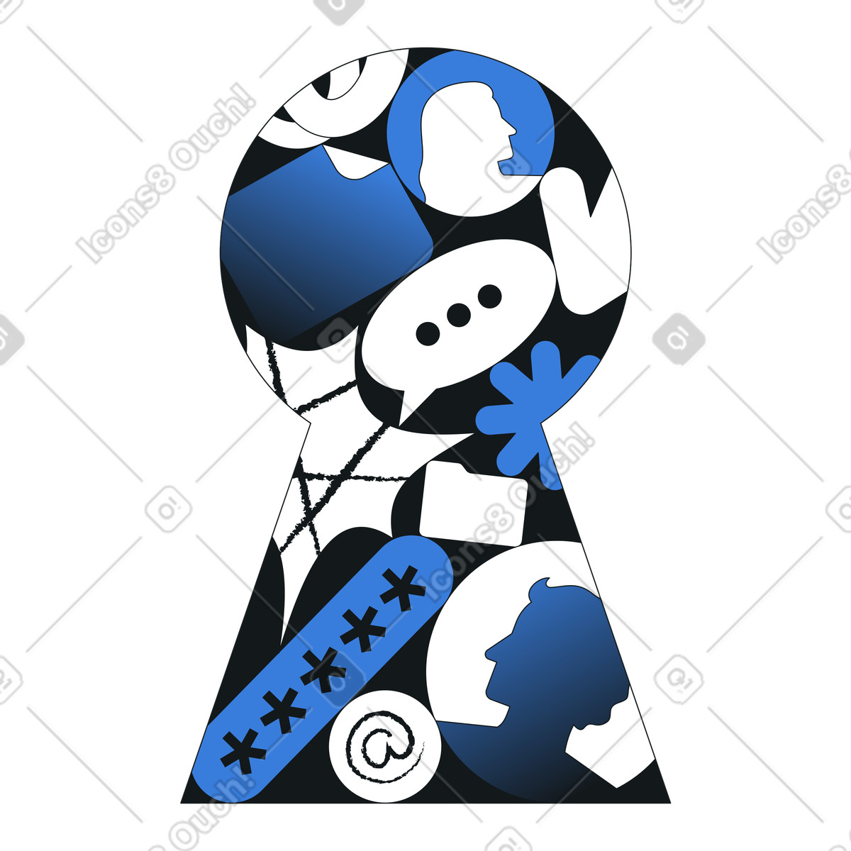 Keyhole filled with user profiles and passwords, Data privacy account security illustration in Midnight style download in PNG, SVG