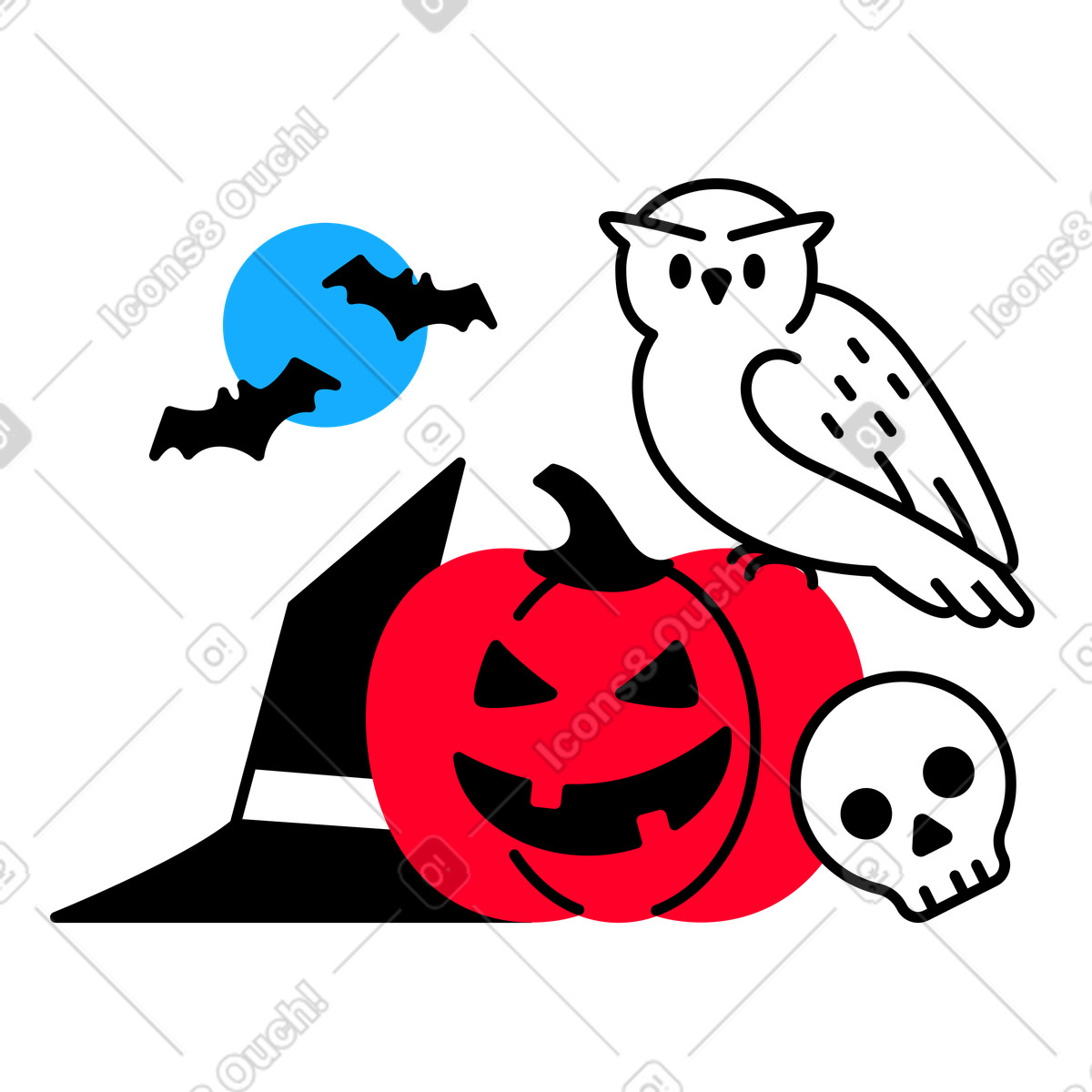 Illustration Hibou est assis sur une citrouille d'halloween dans le style Transistor à télécharger aux formats PNG, SVG