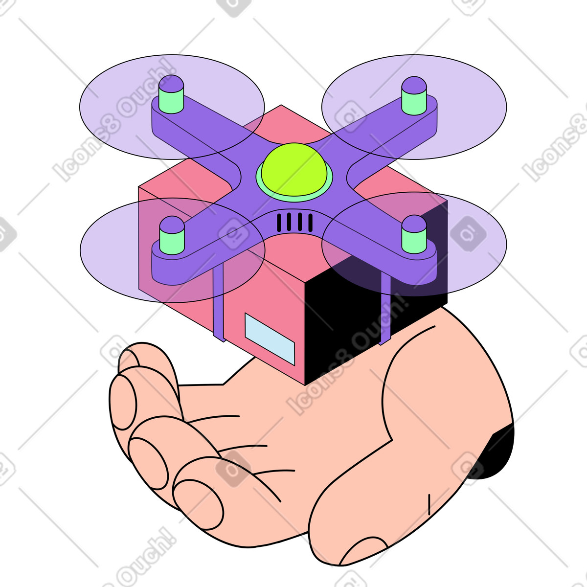 Ilustração animada de Drone entregando pacote em mãos no estilo Project para baixar GIF, Lottie (JSON), AE