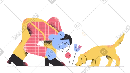 Man and dog looking for something on the ground PNG, SVG