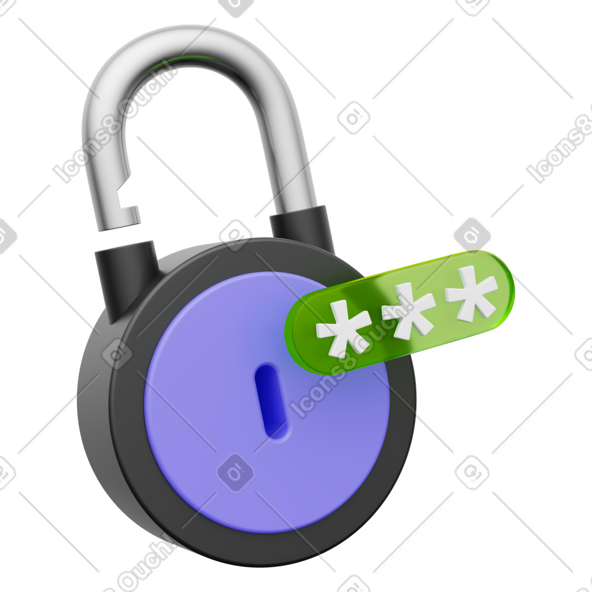 Controllo degli accessi all'account, autenticazione utente, lucchetto sbloccato con password asterischi illustrazione in stile 3D Playful scarica in PNG, SVG
