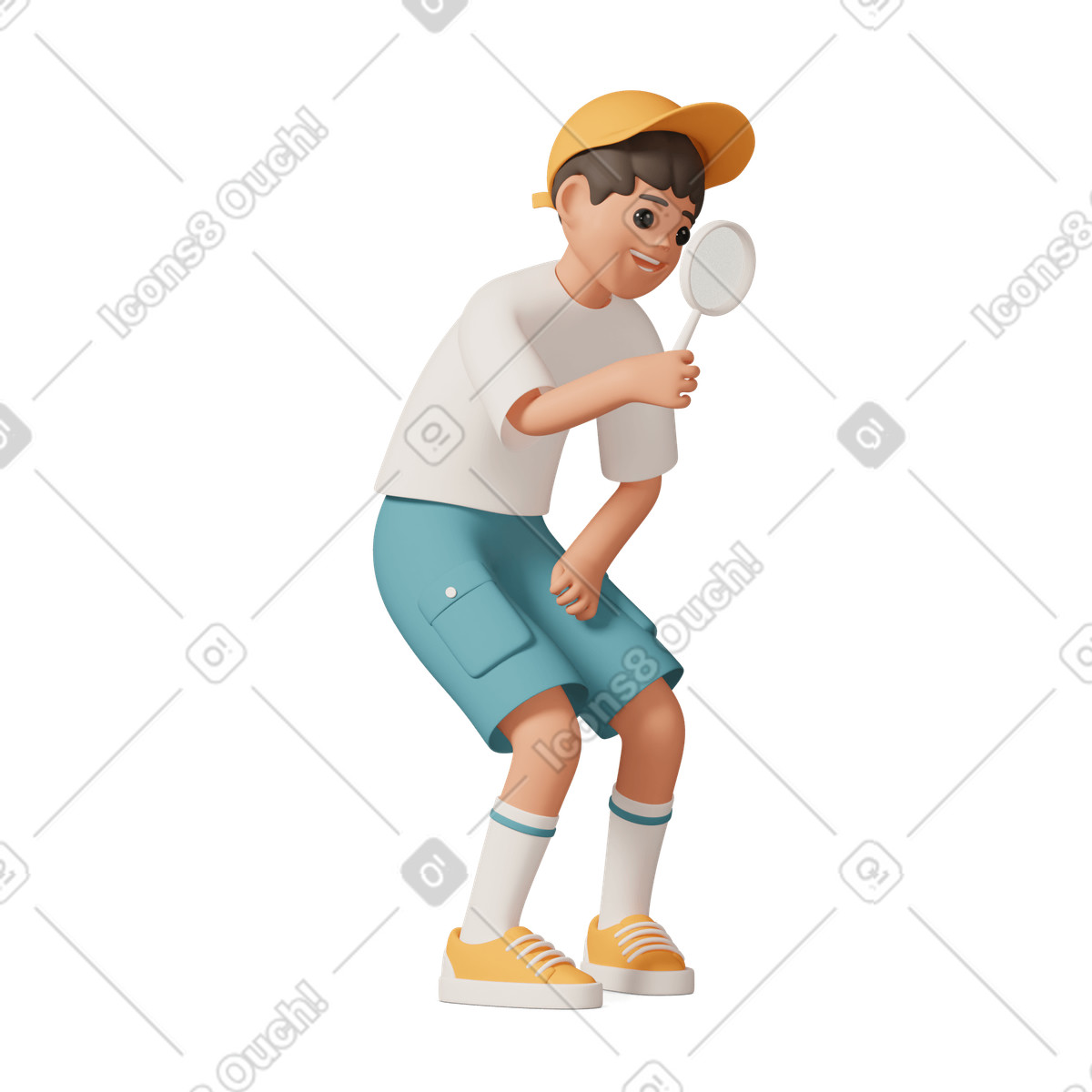 Boy with magnifier in hand illustration 3D Casual life style download PNG, SVG