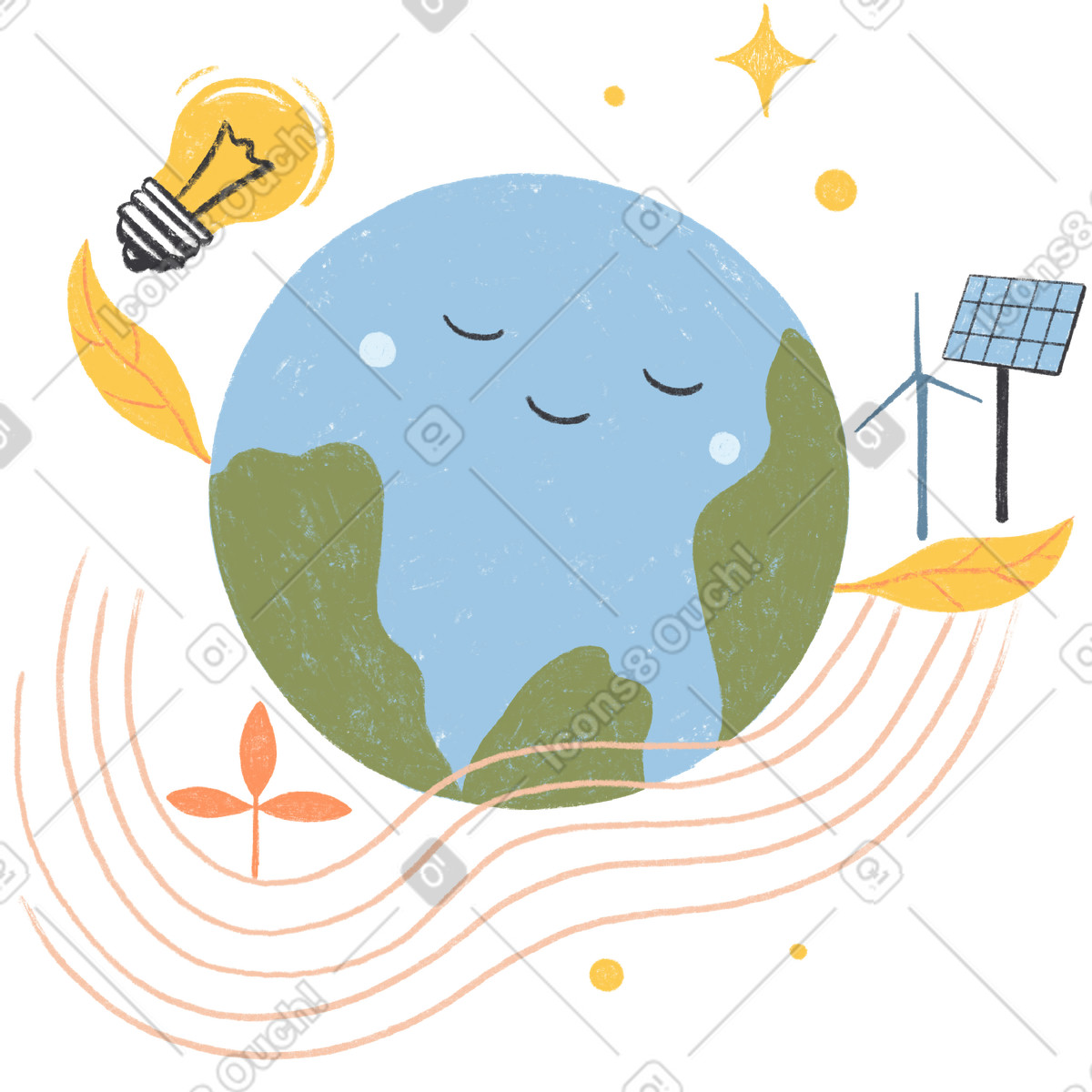 Renewable energy world, Sustainability awareness and green living illustration in Chalky style download in PNG, SVG