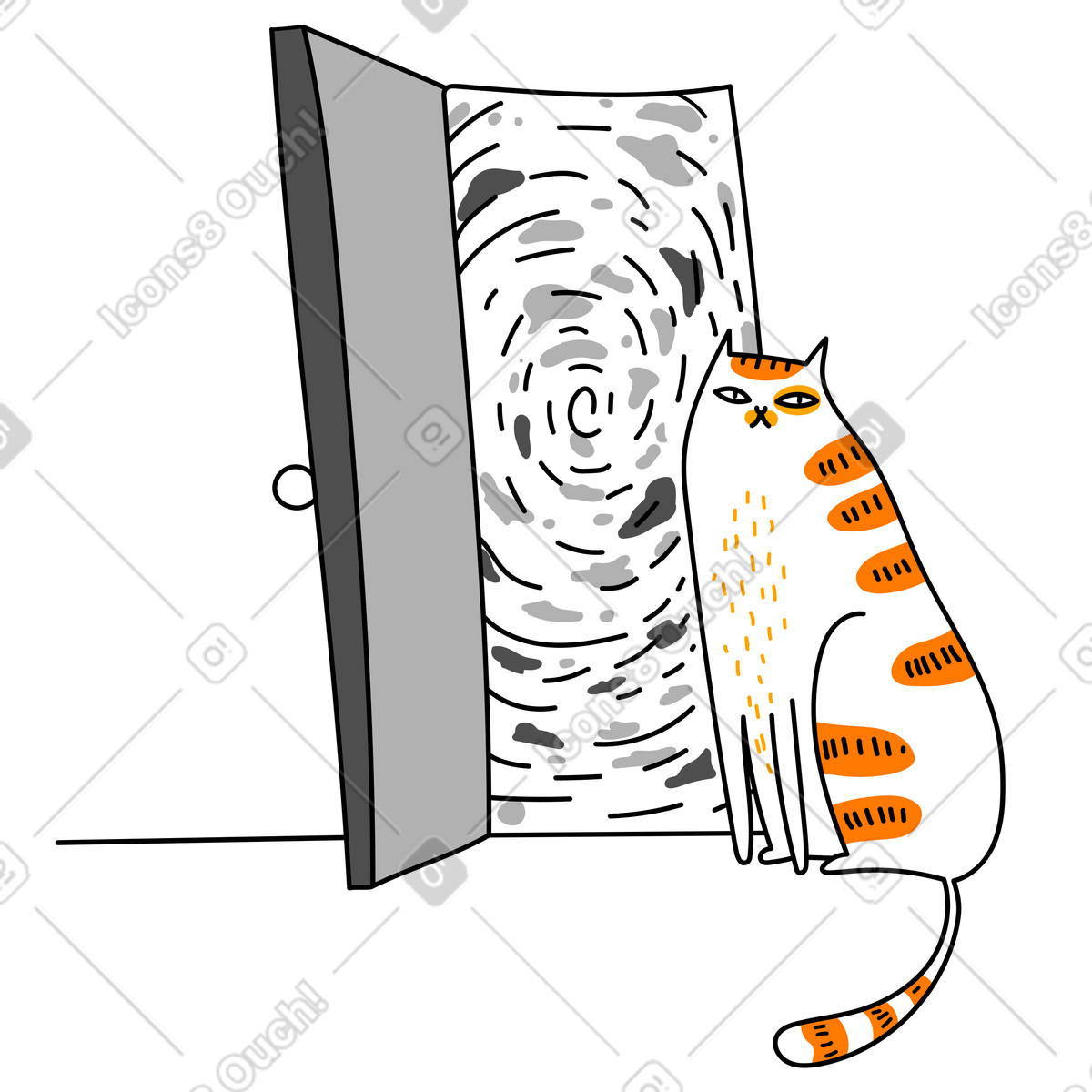 Cat sitting in front of open door with swirling portal, Digital gateway or log out concept illustration Purr style download PNG, SVG