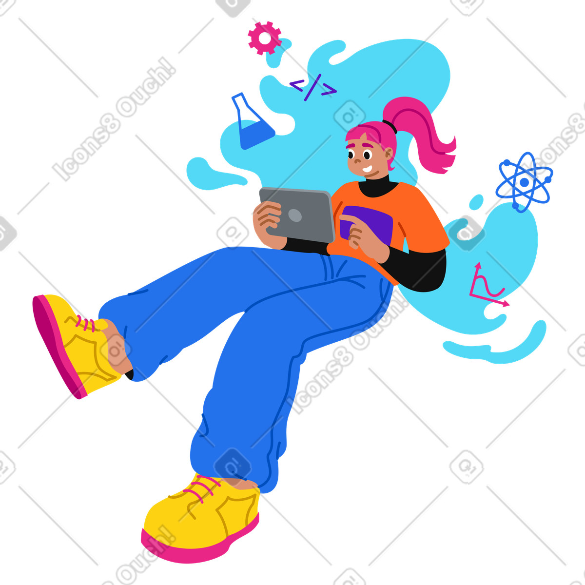 Woman with tablet learning online illustration in Active style download in PNG, SVG