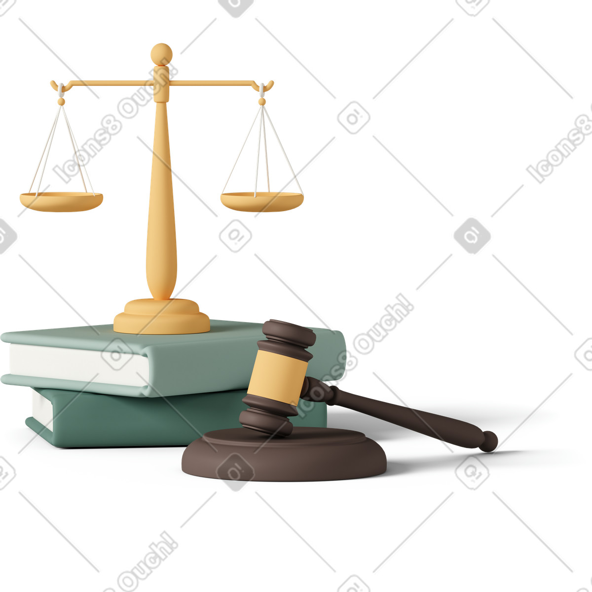 Illustration Judge gavel with law books and scales dans le style 3D Casual life à télécharger aux formats PNG, SVG