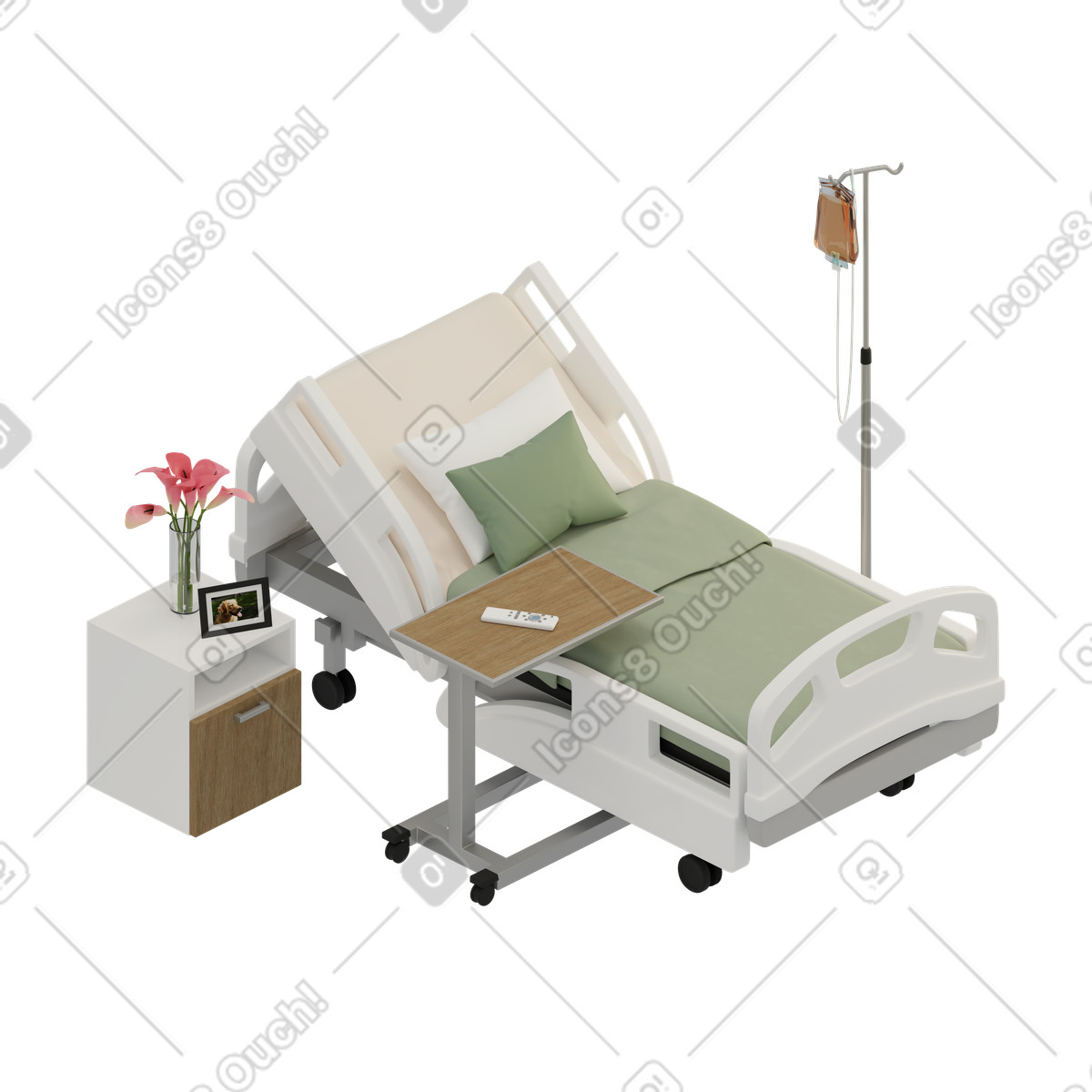 Isometric hospital bed illustration in 3D Rooms style download in PNG, SVG