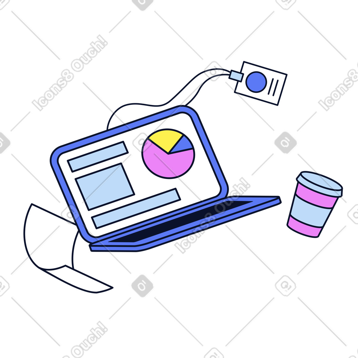 Büroartikel: laptop mit infografiken, badge und coffee to go-Illustration im Flexy-Stil als Download in PNG, SVG