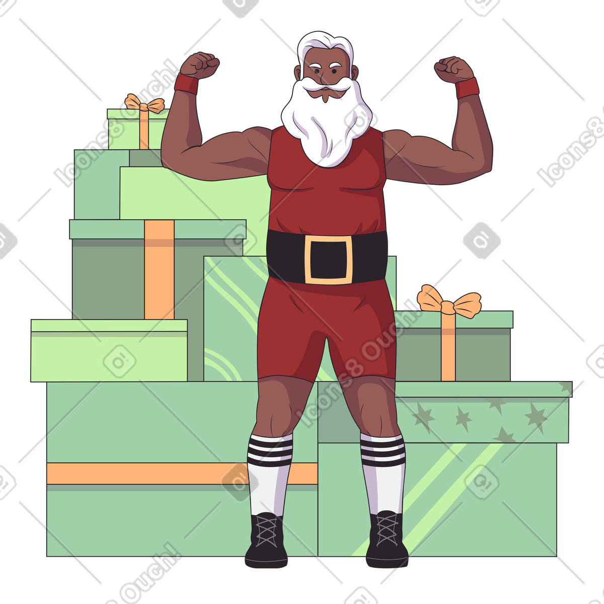 Sportlicher weihnachtsmann vor einem stapel weihnachtsgeschenke-Illustration im Eastwood-Stil als Download in PNG, SVG