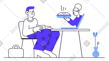 Woman passes a hot pie through a laptop to a sitting man PNG, SVG