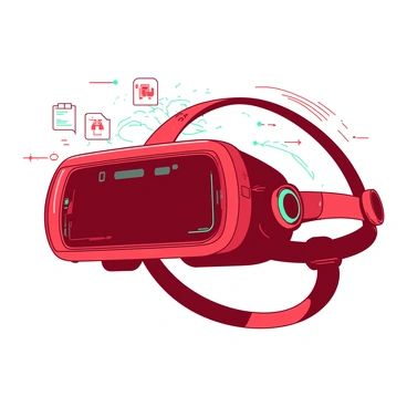 A red futuristic user interface design is displayed on a sleek, modern virtual reality headset. The headset has glowing teal accents that highlight its contours and buttons. Various holographic icons and controls float in front of the visor, showcasing a range of applications and settings. Bright teal data streams pulse around the headset, creating a sense of motion and interactivity. The background is minimalistic, emphasizing the advanced technology of the headset and its immersive capabilities.