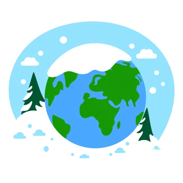 A globe featuring a detailed map of the world, covered in a soft, white layer of snow. The snow creates a smooth, fluffy texture over the surface of the globe. Surrounding the globe is a peaceful winter landscape, with gently falling snowflakes in the air. In the background, there are snow-covered trees and a serene, clear blue sky. The scene embodies a tranquil winter atmosphere, highlighting the beauty of nature in the cold season.