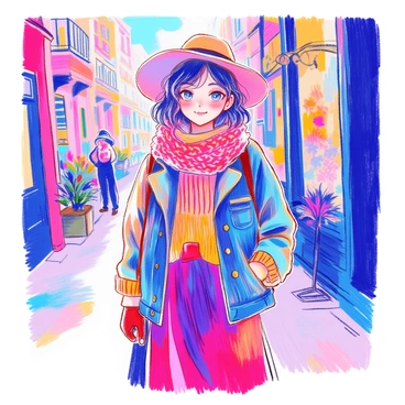 A girl is standing in a lively urban setting. She is wearing multiple layers of clothing, showcasing a mix of textures including a denim jacket, a chunky knitted sweater, and a flowing skirt. The colors of her outfit include bright reds, soft blues, and earthy tones, all harmoniously combined. Her accessories include a patterned scarf, fingerless gloves, and a wide-brimmed hat. The girl has a confident expression, with her hair styled in loose waves falling around her shoulders.