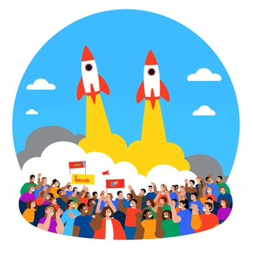 A dramatic scene of two rocket ships launching at the same time, with a cheering crowd in the foreground.