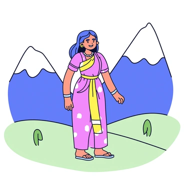 A goddess figure representing Lakshmi stands with a confident posture. She has a radiant smile and is adorned in traditional attire, featuring intricate patterns and embellishments. Her long hair flows gracefully down her back. Surrounding her are snow-capped mountains that rise sharply in the background, their peaks glistening in the sunlight. The foreground consists of a serene landscape with soft, green meadows. The scene conveys a sense of harmony between the goddess and the majestic mountain setting.
