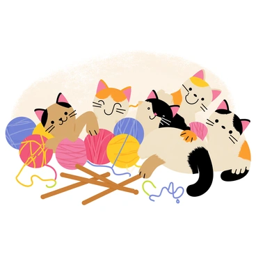 A playful scene featuring several fluffy kittens entangled in colorful balls of yarn. The kittens have various fur patterns, including tabby and calico, and are playfully pawing at the yarn. Scattered around the kittens are wooden knitting needles, some with vibrant yarn wrapped around them. The background shows a cozy room setting, filled with soft textures and warm colors.