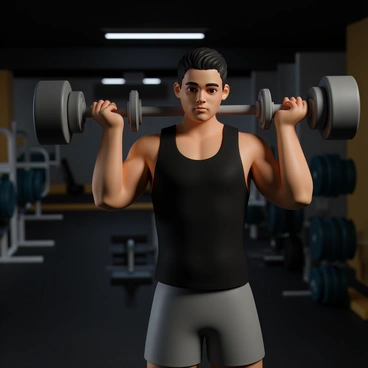 A person, wearing a black tank top and grey workout shorts, is performing barbell curls. The individual has short dark hair and is focusing intently on the exercise. The barbell, with weights on each side, is raised to shoulder level. The gym is dimly lit, with shadows cast by overhead lights, highlighting the person's muscles and the metal of the barbell. Various gym equipment is visible in the background, creating a sense of an active environment.