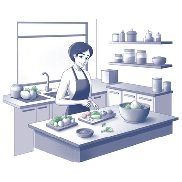 A person is standing at a kitchen counter, surrounded by various ingredients. The cook is wearing an apron and has a focused expression. Fresh vegetables, herbs, and spices are scattered around, showcasing different shapes and textures. The kitchen features modern appliances, clean countertops, and ample natural light streaming through a window. In the background, there are shelves filled with jars and utensils, adding to the lively atmosphere of culinary creativity.