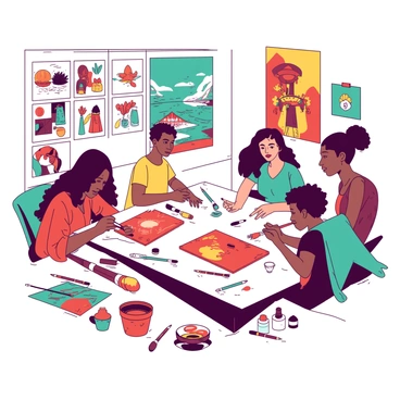 A group of artists from different cultures is gathered around a large table, engaged in creating illustrations. Each artist is focused on their own canvas, using various art supplies like brushes and markers. One artist is applying red paint on a canvas, depicting a traditional scene from their culture. Another artist is sketching with a teal pencil, illustrating modern abstract shapes. In the background, colorful artwork from each artist is displayed on the walls, showcasing their individual styles and cultural influences. The atmosphere is lively, with art supplies scattered across the table and a mix of cultural artifacts adding depth to the scene.