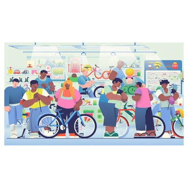 A busy bicycle shop filled with various bicycles in different colors and styles. Customers with diverse appearances are browsing through rows of bikes. Some customers are inspecting mountain bikes, while others are looking at road bikes and hybrids. Two mechanics with aprons are working diligently in the back, one is adjusting a bike's brakes while the other is inflating a tire. Bicycle accessories like helmets, pumps, and lights are displayed neatly on the walls. Bright fluorescent lights illuminate the shop, creating a lively atmosphere.